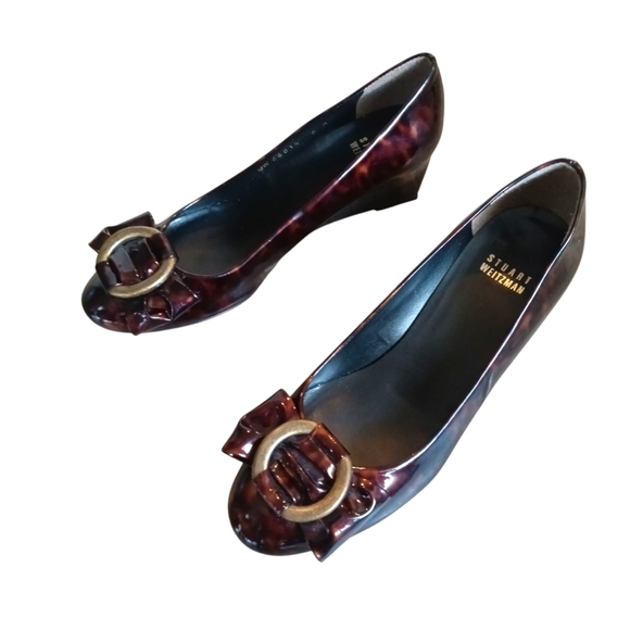 Stuart Weitzman Tortoise Shell Patent Leather Bow Wedge Heels Vintage Style 6 M - Picture 1 of 10